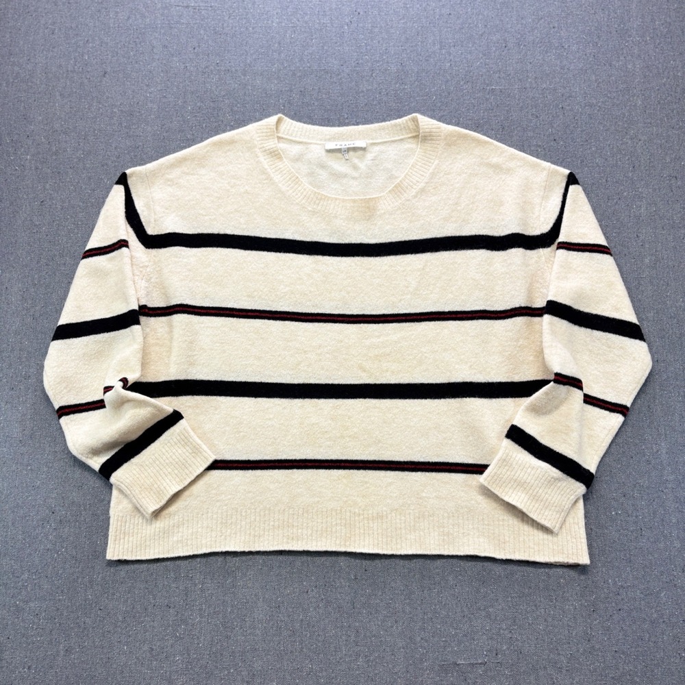 FRAME Denim Off White Multi Striped Alpaca Wool Blend Crewneck Sweater L/G